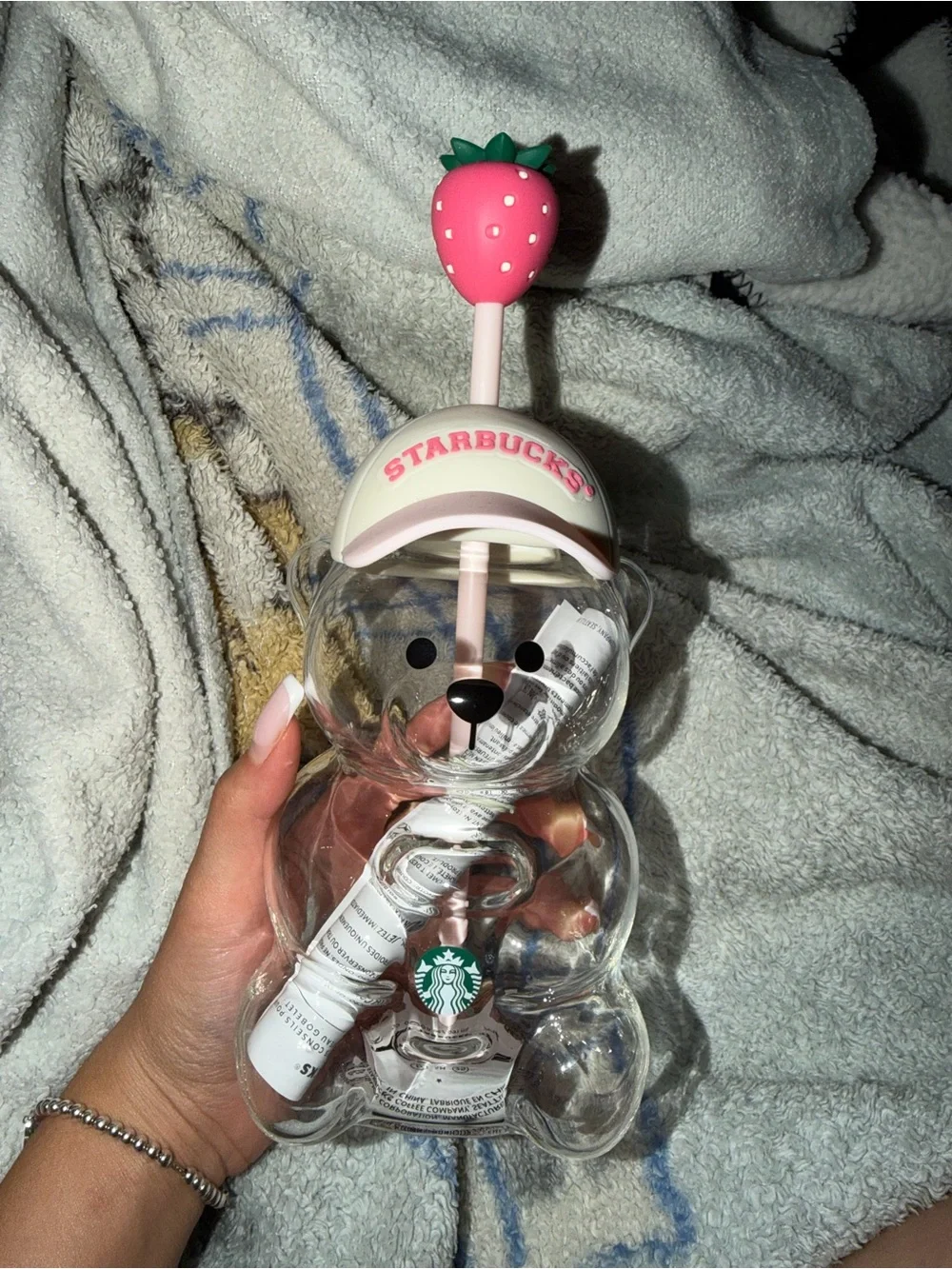 Starbucks Clear Bear Tumbler with Pink Strawberry Straw